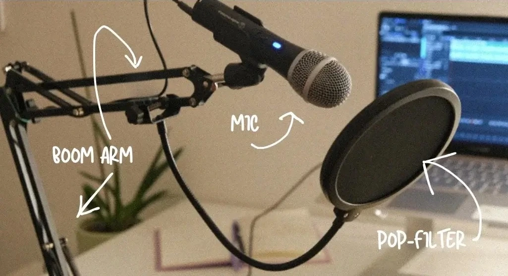 Podcast essentials: boom arm, pop filter and micrphone
